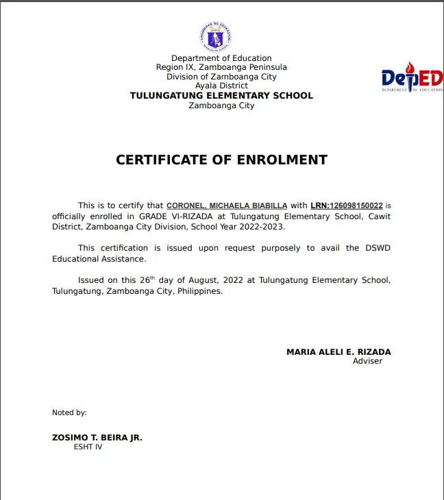 Enrollment Certificate for Elementary/High School from DepEd
