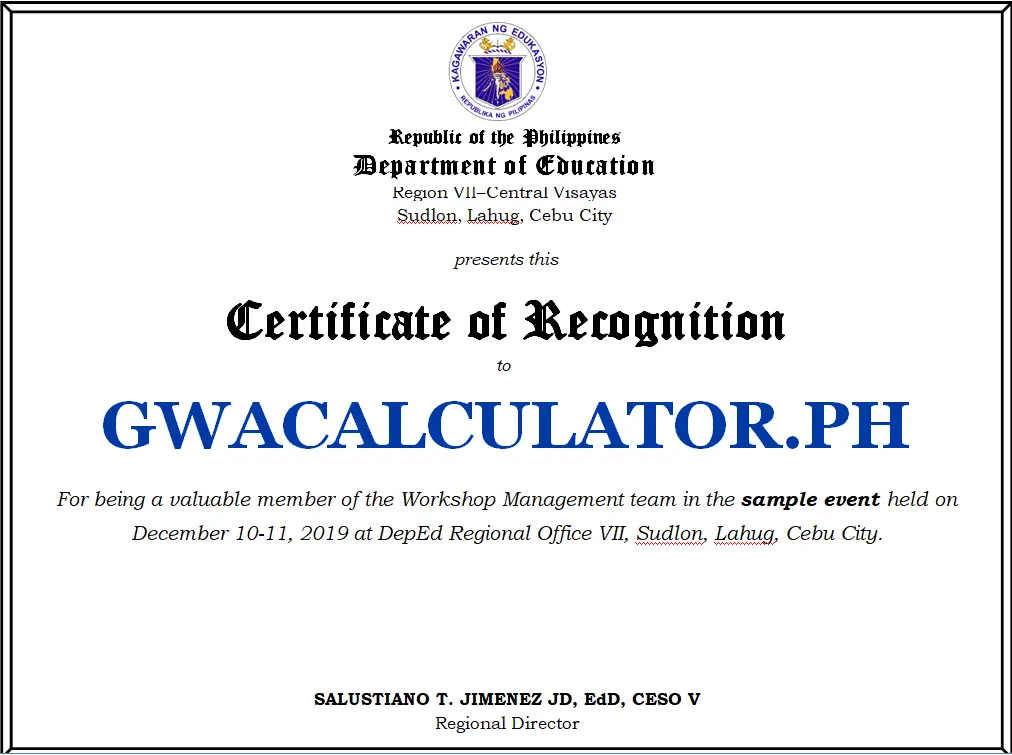 DepEd Certificate of Recognition