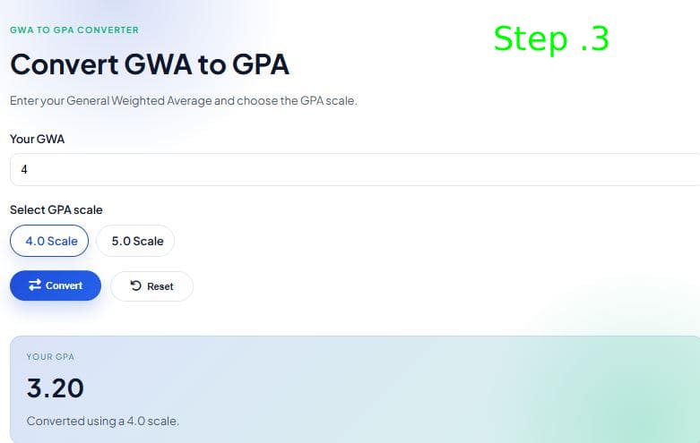 Free Online GWA to GPA Converter Philippines 2026 - Calculate Your Grades Easily 3 Click the "Convert" button: This will calculate your GPA accurately and instantly. Your GPA will be displayed below.