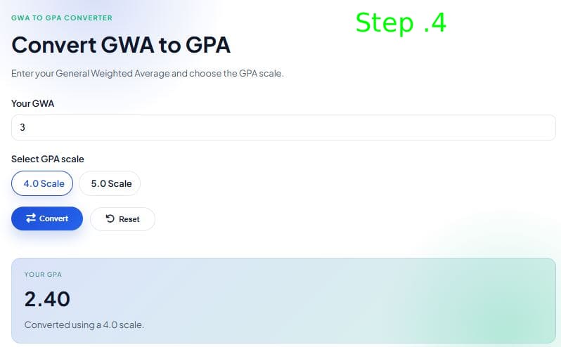 Free Online GWA to GPA Converter Philippines 2026 - Calculate Your Grades Easily 4 If you want to check another GWA or recalculate, click the "Reset" button and repeat the steps.